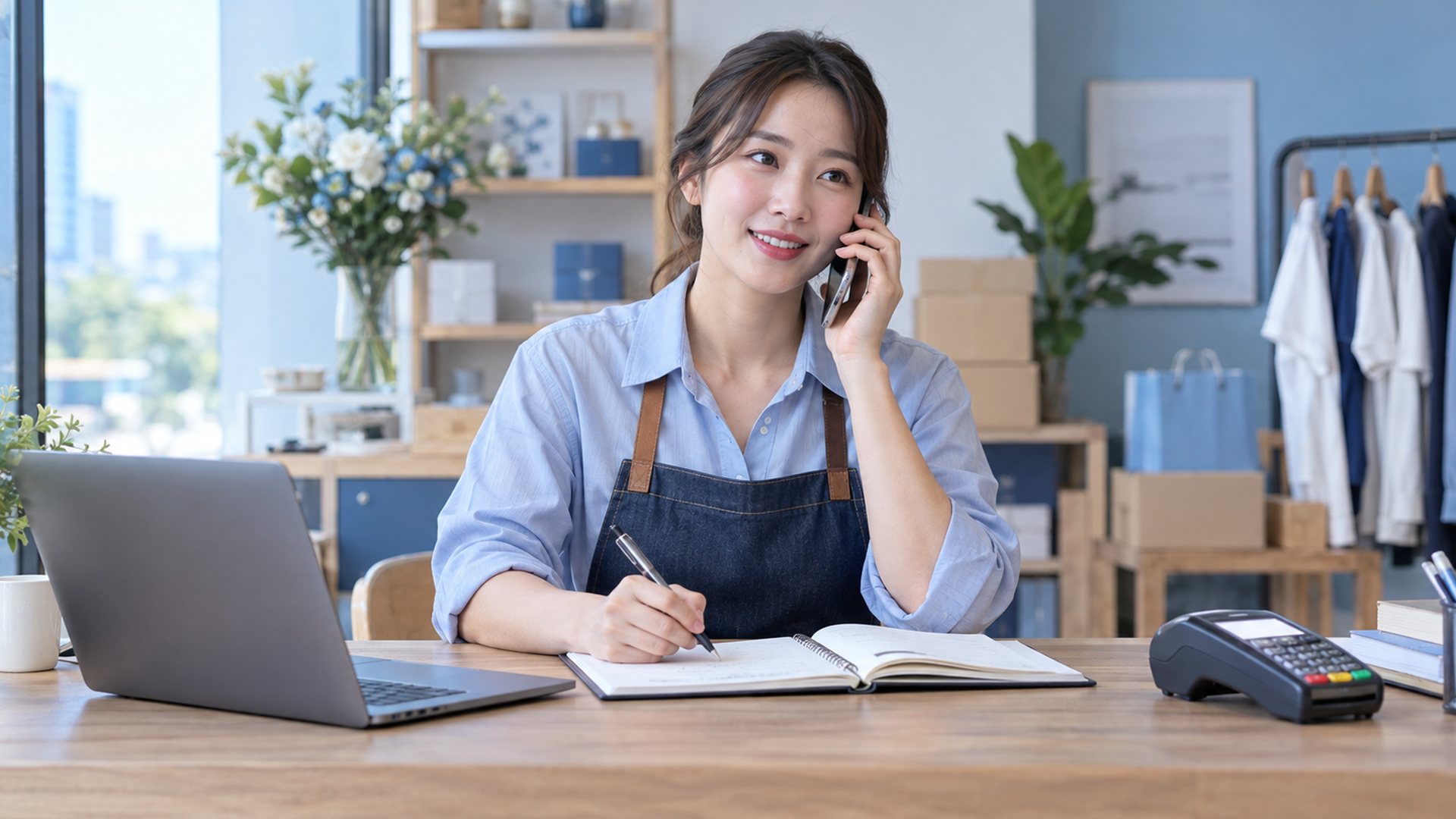 PG신청 · 옷가게 직원이 전화로 상담을 받는 장면(연출 사진)