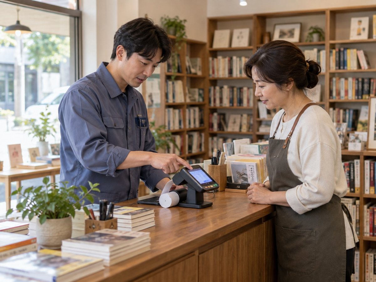 전화 PG신청 · 서점 계산대에서 단말기로 결제를 받는 장면(연출 사진)