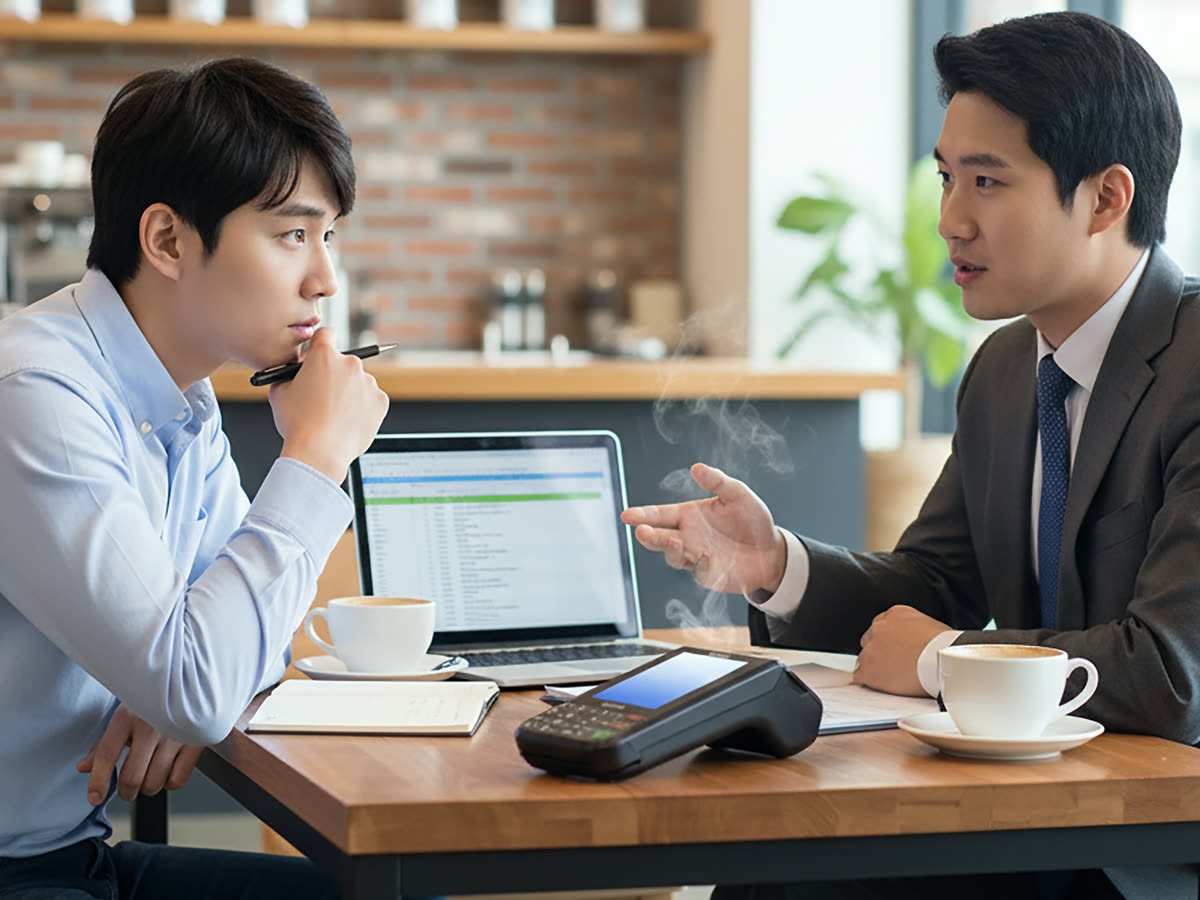 PG신청 · 카페 테이블에서 두 사람이 단말기를 놓고 이야기하는 장면(연출 사진)