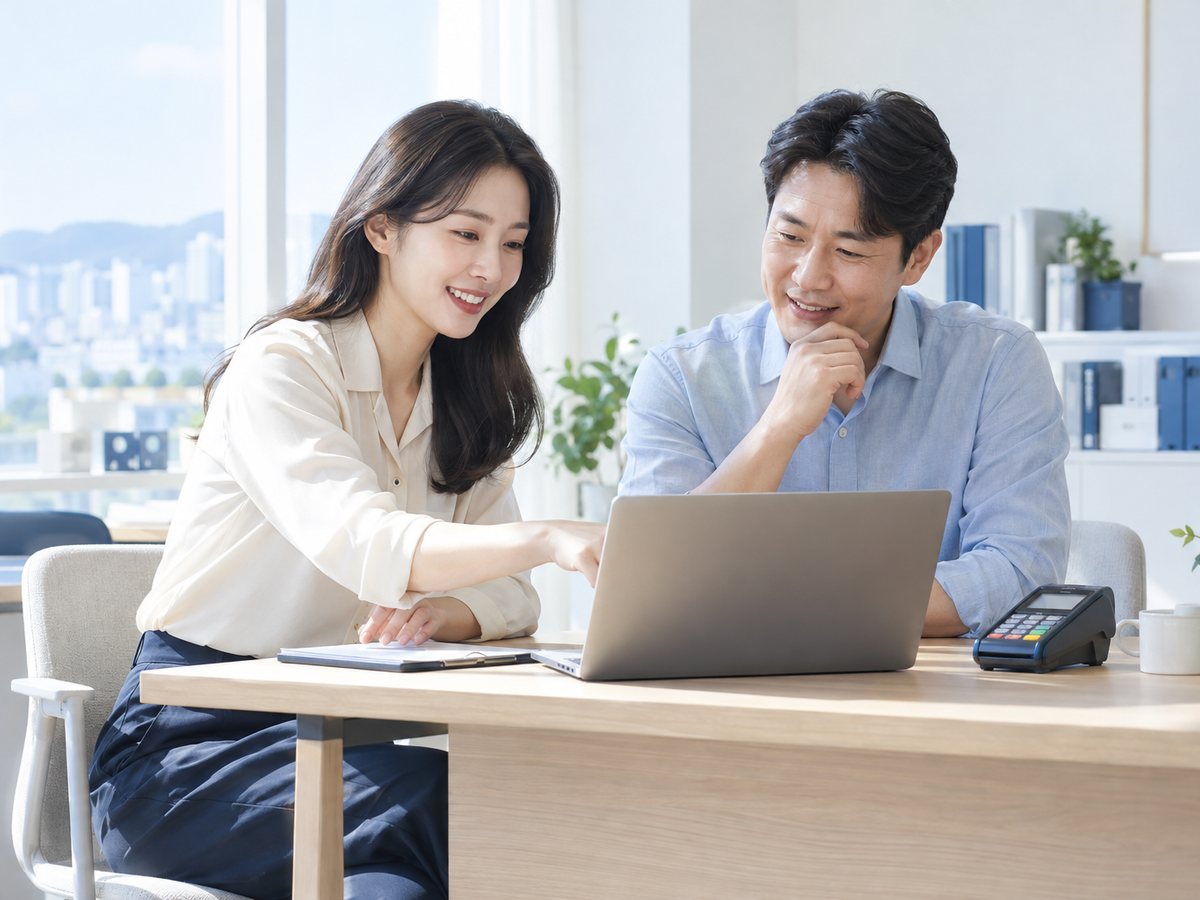 PG신청 · 두 사람이 노트북 옆 단말기를 보며 이야기하는 장면(연출 사진)