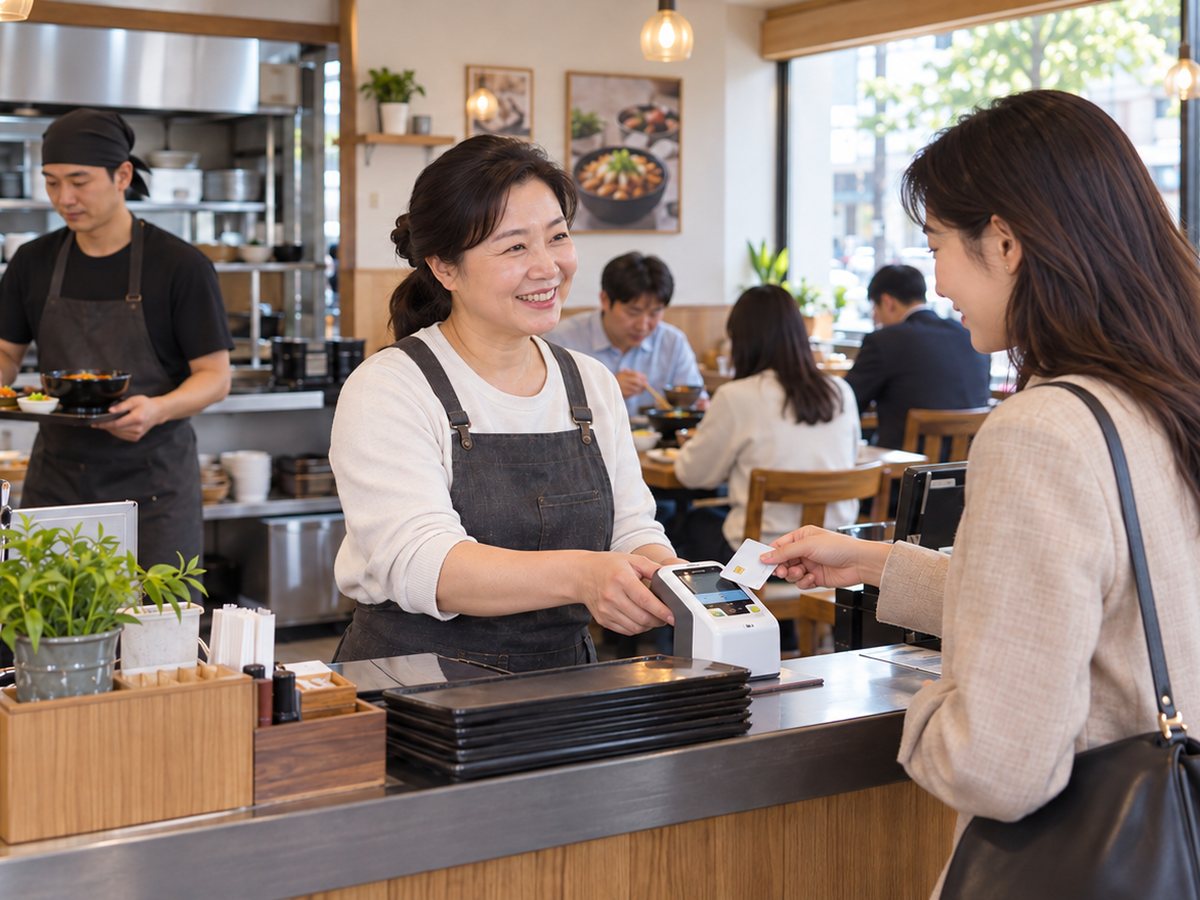 오픈 전 PG신청 · 가게 계산대에서 손님 카드를 받는 장면(연출 사진)